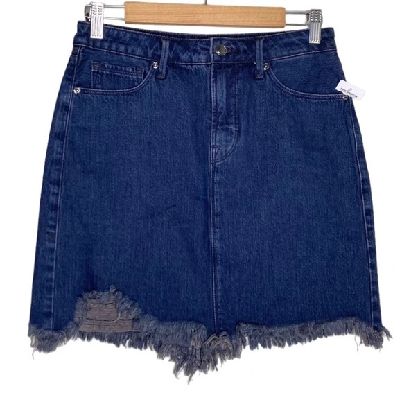 ✨NWT Good American Dark Wash Blue High Rise Frayed Hem Denim Jean Mini Skirt 26 - Picture 2 of 9